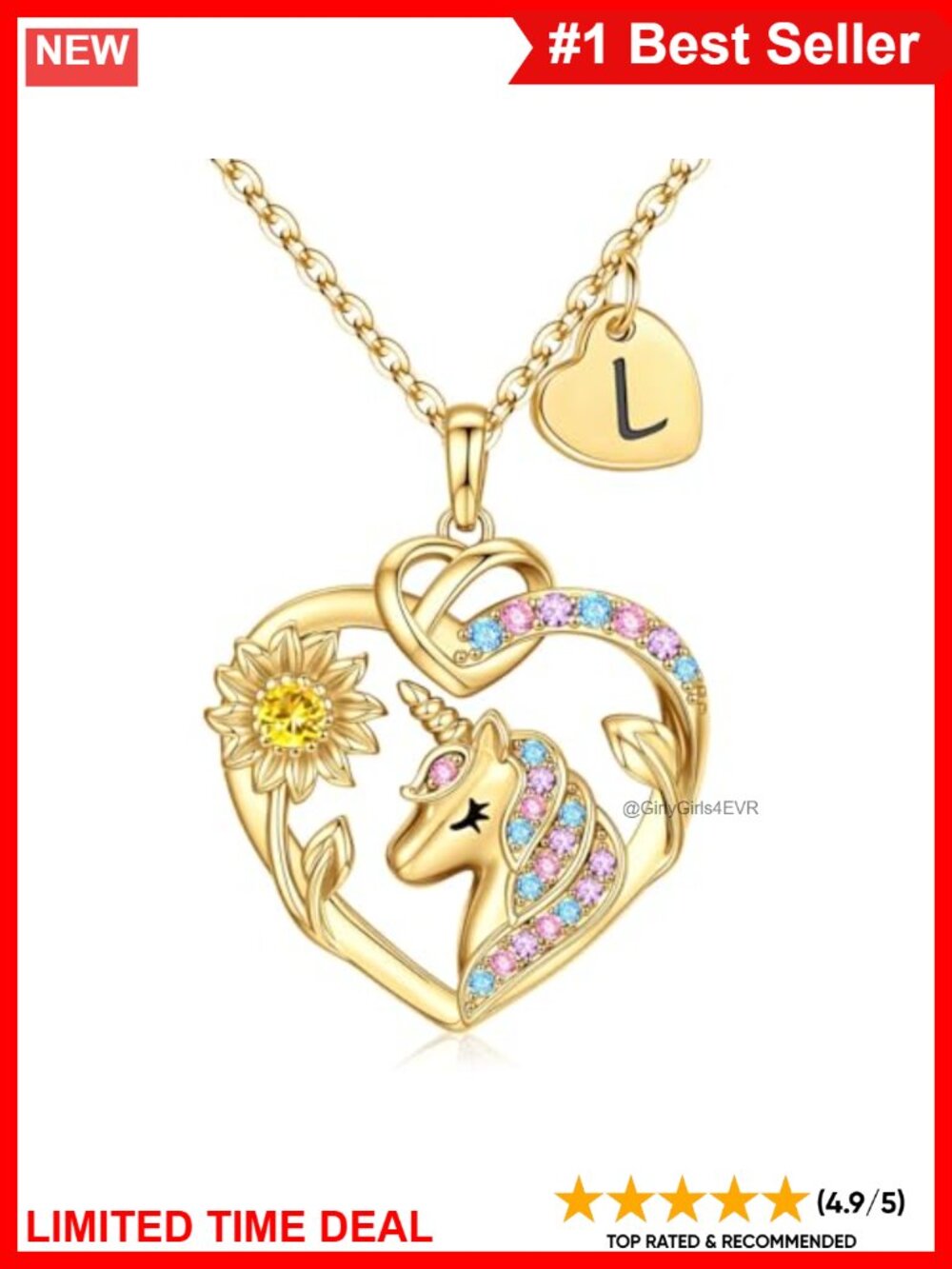 14k Gold Plated Sunflower Unicorn Initial Necklace Cubic Zirconia Gift